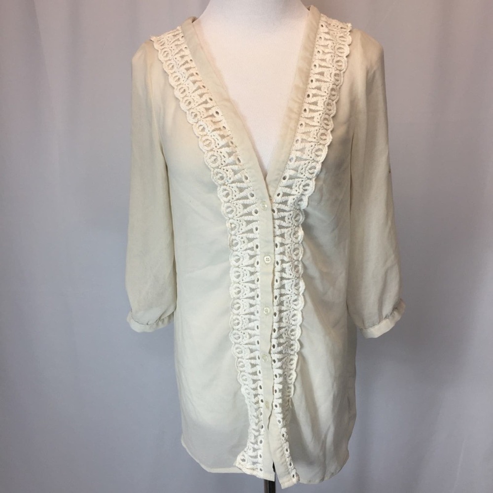 Cream sheer Blouse Sz S boho feminine